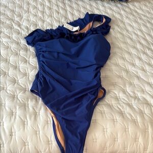 J. Crew Blue One-Shoulder Ruffled Swimsuit.  Size 10.  BNWT